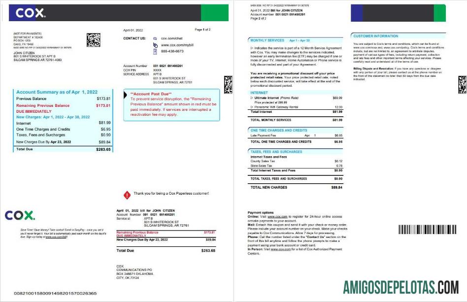 imprimível Conta de serviços públicos de televisão a cabo digital COX dos EUA, modelo Word e PDF, 2 páginas